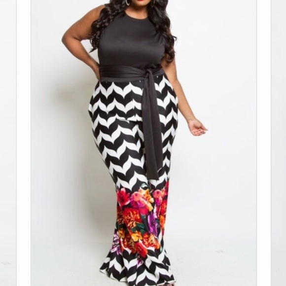 Pants - Sleeveless Plus size floral bottom jumpsuit